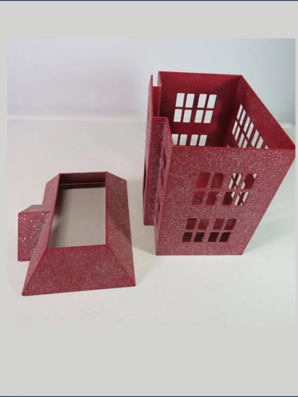Red Metal House Luminary Glitter Tea Light Candle Holder Removable Roof Wreath